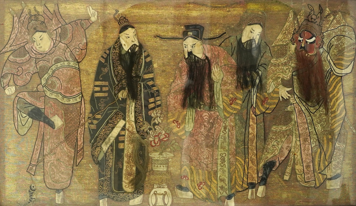 A Chinese embroidered silk ‘Peking Opera’ panel, early 20th century